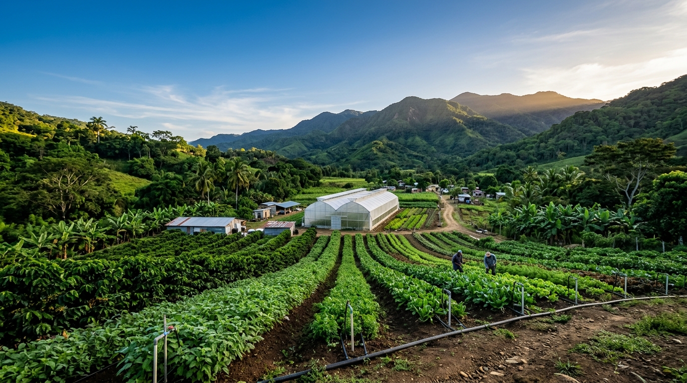 Finca tropical con sistema de riego e invernadero
